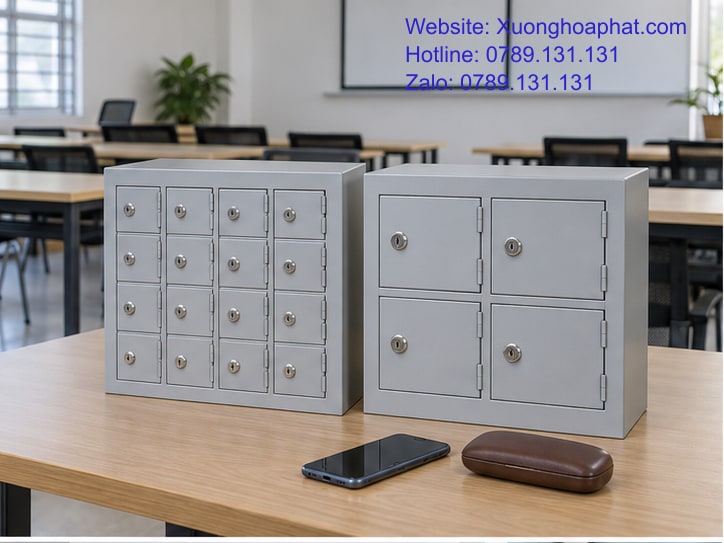 Tủ Đựng Điện Thoại Và Tủ Locker Mini: Dùng Chung Hay Tách? 2 Tủ đựng điện thoại và tủ locker mini đặt cạnh nhau trong phòng đào tạo