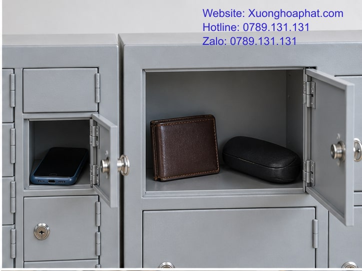 Tủ Đựng Điện Thoại Và Tủ Locker Mini: Dùng Chung Hay Tách? 3 Ngăn tủ điện thoại và ngăn locker mở cửa để so đồ chứa