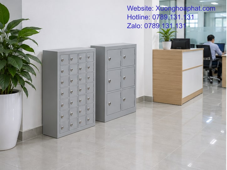 Tủ Đựng Điện Thoại Và Tủ Locker Mini: Dùng Chung Hay Tách? 4 Hai cụm tủ nhỏ bố trí sát tường với khoảng đứng thao tác phía trước