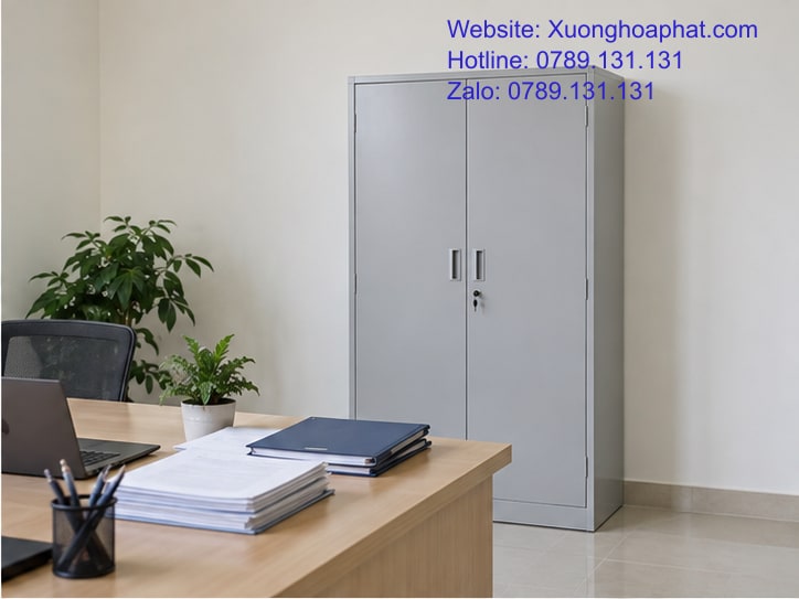Tủ Hồ Sơ Chống Cháy: Bằng Chứng Nào Cần Có Trước Khi Mua? 3 Bàn kiểm tra hồ sơ sản phẩm cạnh tủ lưu trữ màu xám