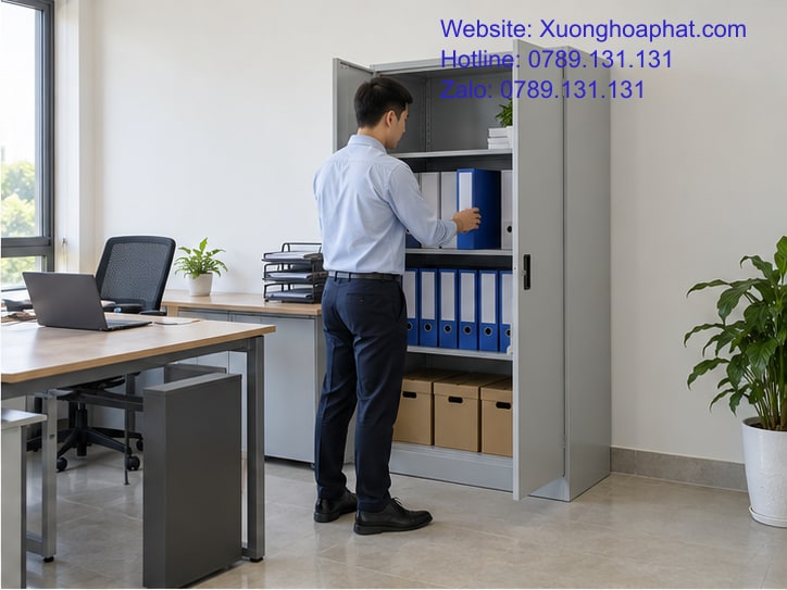 Vùng thao tác trước tủ hồ sơ văn phòng cạnh bàn làm việc