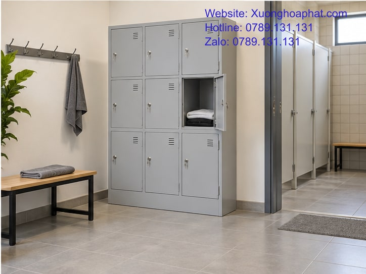 Tủ Locker Cho Đồ Cá Nhân: Chia Ngăn Và Quản Lý Khóa 5 Tủ locker đặt cạnh lối đi thoáng trong khu thay đồ