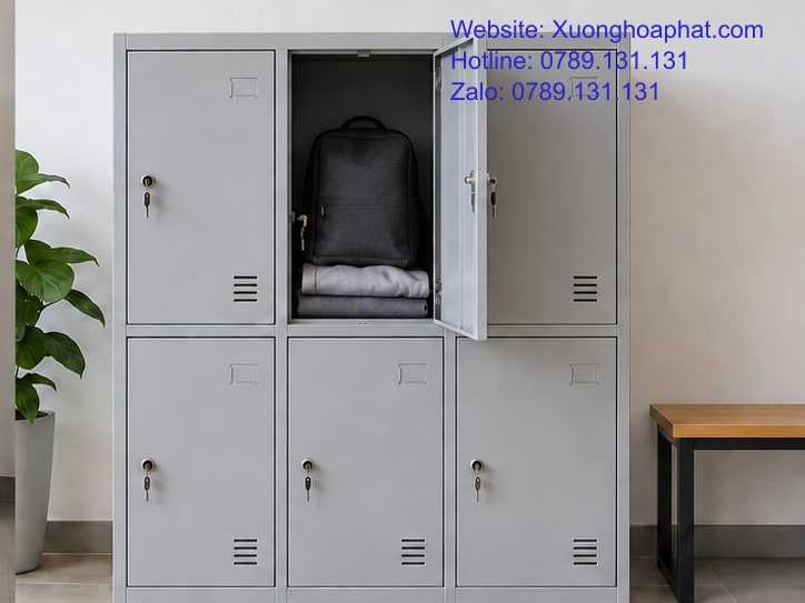Tủ Locker 6 Ngăn 9 Ngăn 12 Ngăn: So Theo Nhu Cầu Cất Đồ 3 Ngăn tủ locker mở với ba lô và áo khoác bên trong.