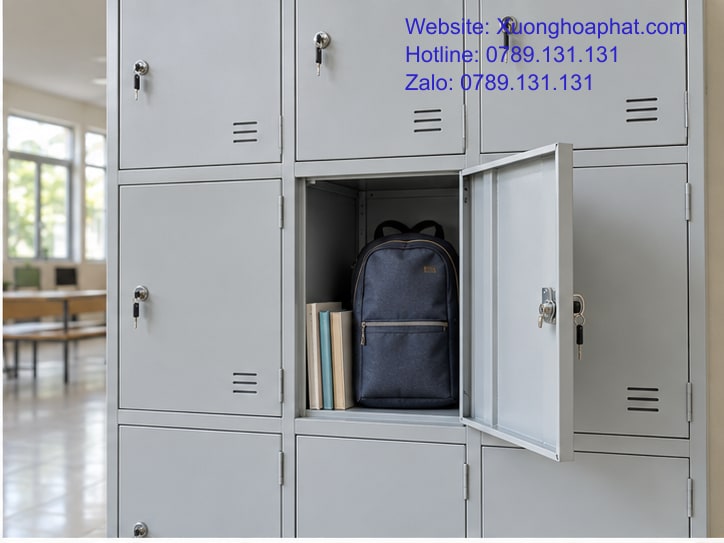 Tủ Locker Học Sinh Sinh Viên Theo Nhịp Dùng Của Trường 3 Ngăn tủ sắt học sinh sinh viên chứa cặp và sách với cửa mở.