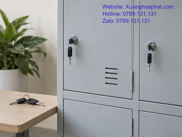 Tủ Locker Học Sinh Sinh Viên Theo Nhịp Dùng Của Trường 4 Chi tiết cửa và khóa chìa của tủ locker tại trường học.