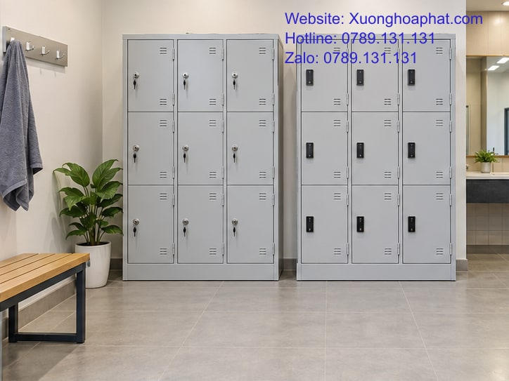 Tủ Locker Khóa Cơ Hay Khóa Điện Tử: AI Quản Lý Quyền Mở? 2 Tủ locker khóa cơ hay khóa điện tử trong phòng thay đồ sáng.