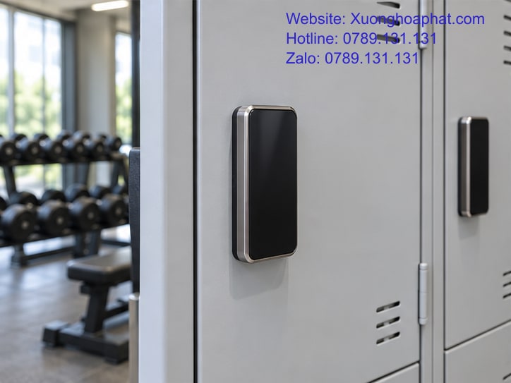 Tủ Locker Khóa Cơ Hay Khóa Điện Tử: AI Quản Lý Quyền Mở? 4 Khóa điện tử trên cánh tủ locker tại khu thay đồ phòng gym.