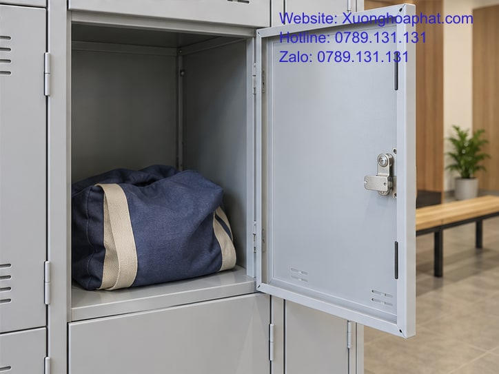 Tủ Locker Khóa Cơ Hay Khóa Điện Tử: AI Quản Lý Quyền Mở? 5 Ngăn tủ locker mở với túi cá nhân đặt tránh cụm khóa.