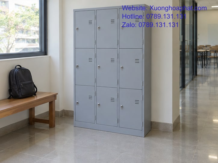 Tủ Locker Là Gì? Phân Biệt Với Tủ Hồ Sơ Và Két Sắt 4 Tủ locker trong hành lang khô ráo cạnh ghế để ba lô