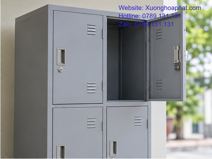 Tủ Locker Ngoài Trời Chống Gỉ: Đặt Ở Đâu Để Hạn Chế Ướt? 3 Cận cảnh mép cửa và bản lề tủ locker thép sơn.