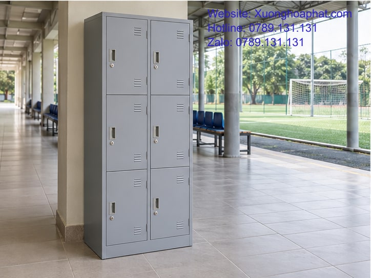 Tủ Locker Ngoài Trời Chống Gỉ: Đặt Ở Đâu Để Hạn Chế Ướt? 4 Tủ locker dưới hiên với lối đi và nền thoáng.