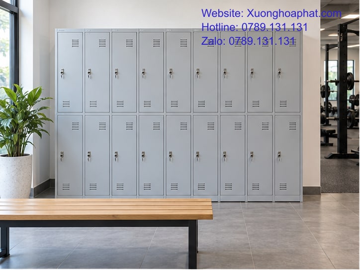 Tủ Locker Phòng Gym Cho Giờ Cao Điểm Và Khu Thay Đồ 2 Tủ locker phòng gym bên lối đi khu thay đồ.