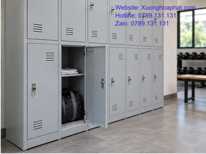 Tủ Locker Phòng Gym Cho Giờ Cao Điểm Và Khu Thay Đồ 3 Ngăn tủ locker phòng gym chứa túi tập và áo gấp.