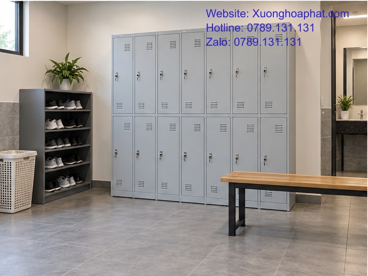 Tủ Locker Phòng Gym Cho Giờ Cao Điểm Và Khu Thay Đồ 4 Khu locker phòng gym bố trí chỗ giày và giỏ khăn riêng.