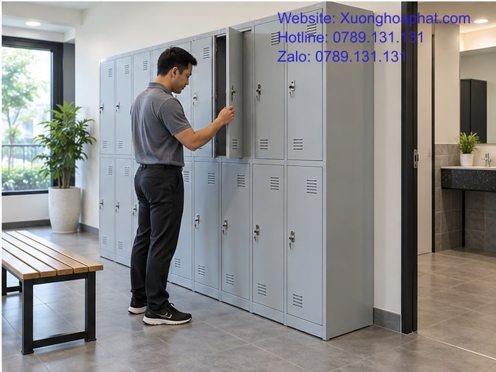 Tủ Locker Phòng Gym Cho Giờ Cao Điểm Và Khu Thay Đồ 5 Nhân viên kiểm tra ngăn tủ locker tại phòng gym.