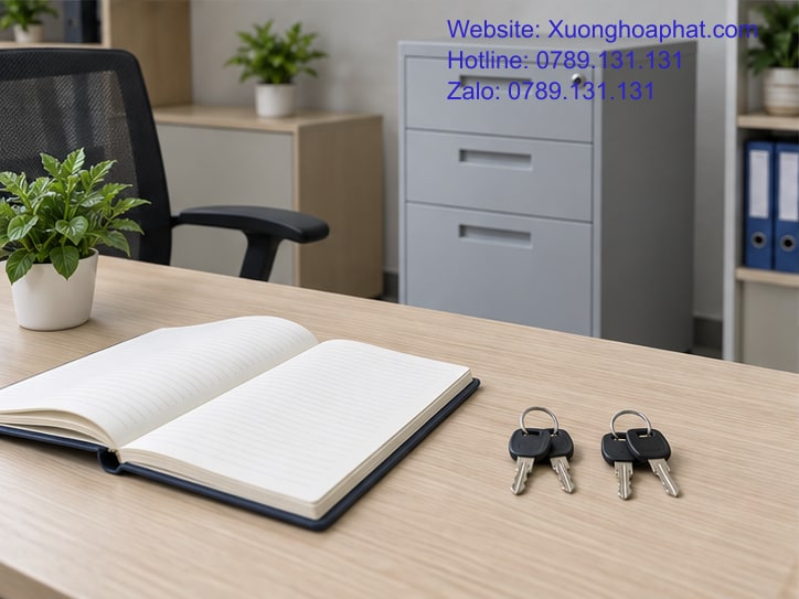 Tủ Ngăn Kéo Khóa Trung Tâm: Kiểm Khóa Và Quản Lý Chìa 4 Chìa tủ ngăn kéo đặt cạnh sổ bàn giao trên bàn