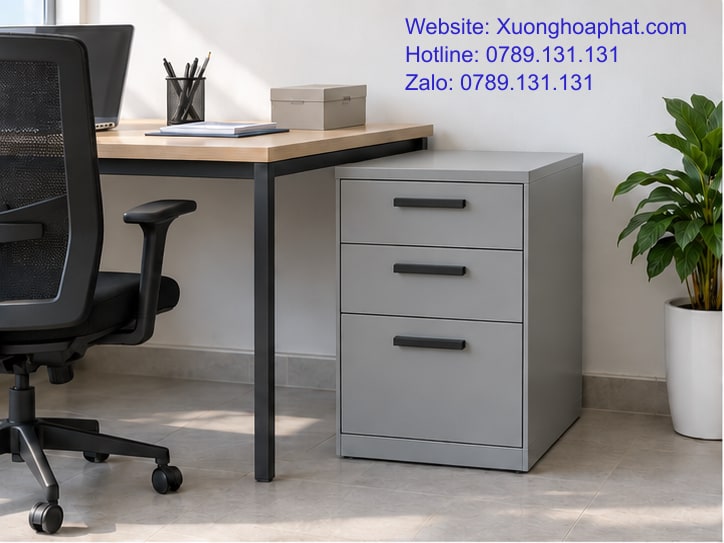 Tủ Ngăn Kéo Mấy Ngăn Là Vừa Với Danh Mục Đồ Cần Cất? 2 Tủ ngăn kéo ba hộc cạnh bàn với đồ dùng đã phân nhóm.