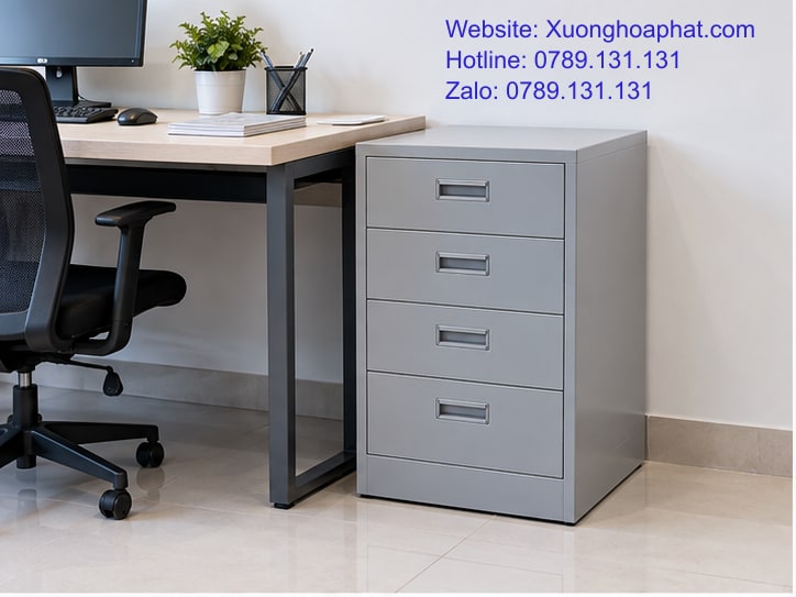 Tủ Ngăn Kéo Sắt Cho Bàn Làm Việc Và Góc Dụng Cụ Cơ Khí 2 Tủ ngăn kéo sắt màu ghi cạnh bàn làm việc.