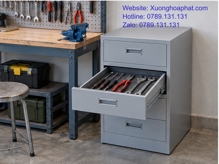 Tủ Ngăn Kéo Sắt Cho Bàn Làm Việc Và Góc Dụng Cụ Cơ Khí 4 Tủ ngăn kéo sắt tại góc dụng cụ cơ khí sạch.