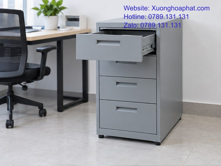 Tủ Ngăn Kéo Sắt Là Gì? Nhận Diện Cấu Tạo Và Công Dụng 2 Tủ ngăn kéo sắt màu ghi với một hộc kéo ra phía trước.