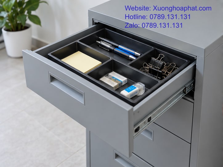 Tủ Ngăn Kéo Sắt Là Gì? Nhận Diện Cấu Tạo Và Công Dụng 4 Khay chia văn phòng phẩm bên trong một ngăn kéo tủ sắt.