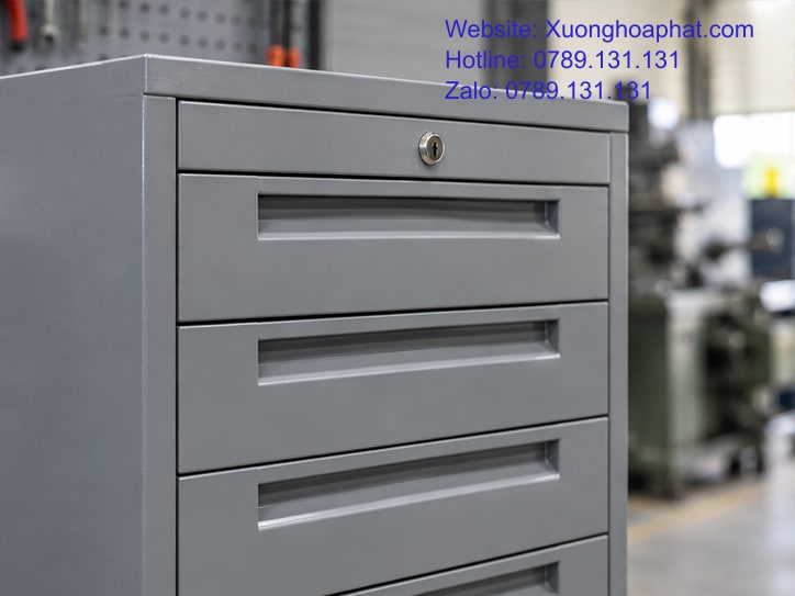 Cận cảnh ổ khóa trung tâm và tay nắm tủ dụng cụ sắt
