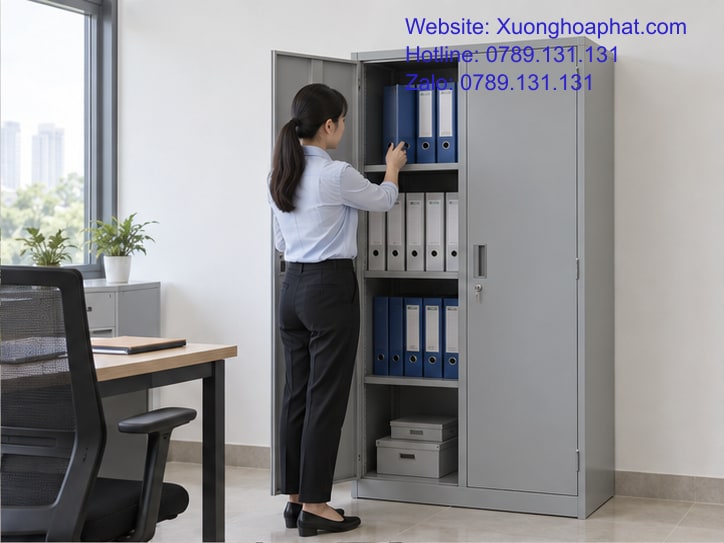 Tủ Ngăn Kéo Và Tủ Hồ Sơ: Chia Việc Lưu Trữ Trong Văn Phòng 3 Nhân viên lấy bìa từ tủ hồ sơ dùng chung.