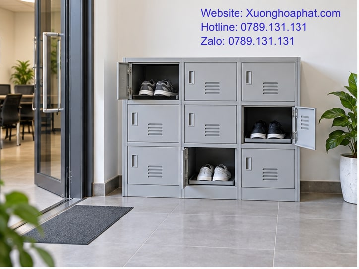 Tủ sắt để giày màu xám tại khu vào văn phòng