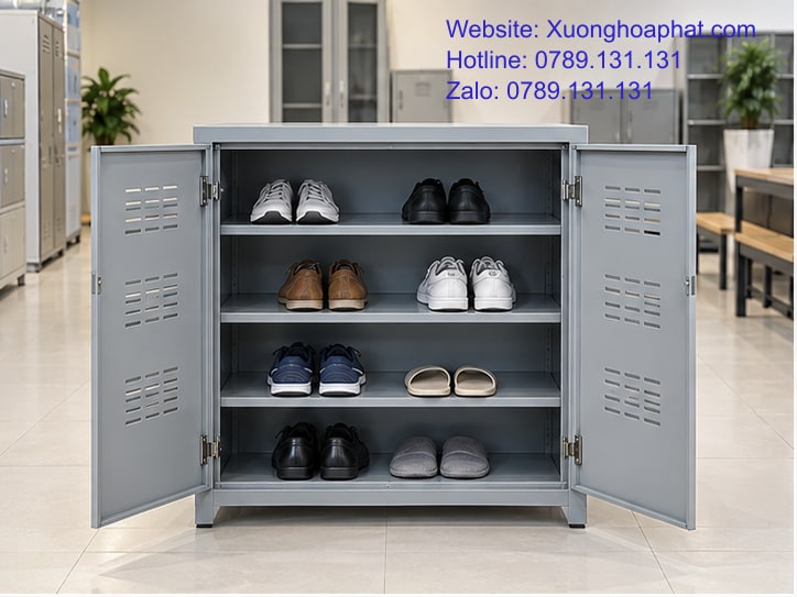 Tủ Sắt Để Giày Là Gì? Phân Biệt Tủ Giày Với Locker 2 Tủ sắt để giày màu xám với các đợt chứa giày dép