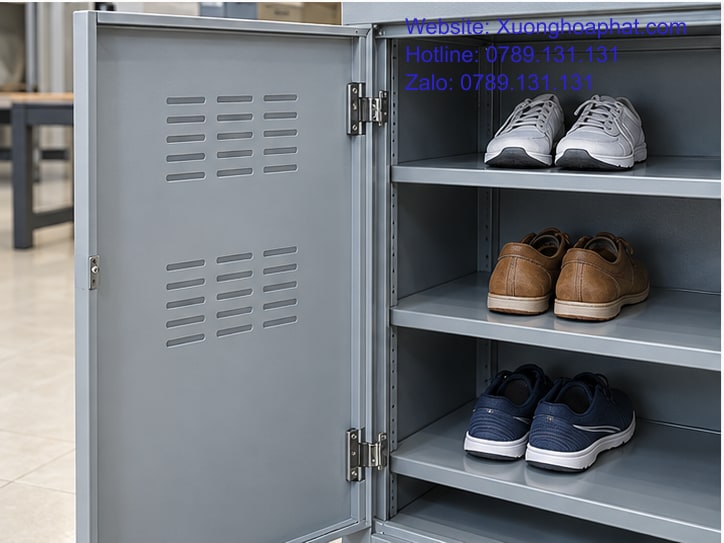 Tủ Sắt Để Giày Là Gì? Phân Biệt Tủ Giày Với Locker 4 Cửa tủ giày mở để lộ bản lề và các đợt ngang