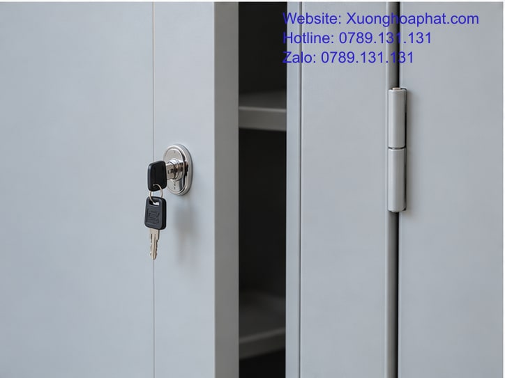 Tủ Sắt Học Sinh Sinh Viên Cho Sách Vở Và Đồ Cá Nhân 4 Chi tiết khóa chìa và mép cánh tủ sắt cá nhân.