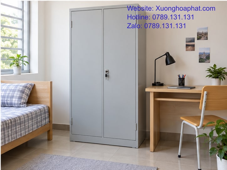 Tủ Sắt Học Sinh Sinh Viên Cho Sách Vở Và Đồ Cá Nhân 5 Tủ sắt học sinh sinh viên đặt cạnh bàn học trong phòng ở.