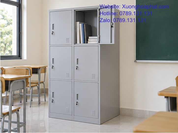 Tủ locker học sinh có cửa và khóa riêng cho từng ô.