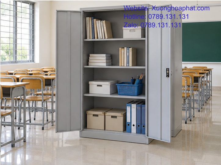 Tủ sắt lớp học chứa sách và học cụ trên các đợt.