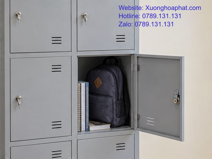 Tủ Sắt Học Sinh Và Tủ Locker: Khi Nào Là Cùng Một Loại? 3 Ngăn tủ locker chứa ba lô và sách học sinh.