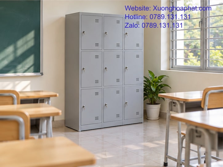Tủ Sắt Học Sinh Và Tủ Locker: Khi Nào Là Cùng Một Loại? 4 Dãy tủ sắt học sinh cạnh khu bàn học với khoảng đứng lấy đồ.