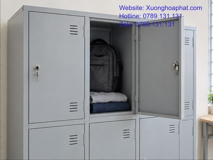 Tủ Sắt Ký Túc Xá Mấy Ngăn Cho Phòng Ở Của Sinh Viên? 3 Khoang tủ sắt ký túc xá mở để thử ba lô và quần áo gấp