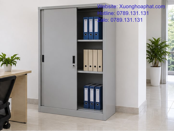Tủ Sắt Văn Phòng Cho Hồ Sơ Chung Và Tài Liệu Riêng 3 Tủ hồ sơ cửa lùa bên lối đi trong văn phòng nhỏ.