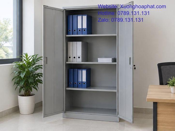 Tủ Sắt Văn Phòng Là Gì? Nhận Biết Cấu Tạo Và Công Dụng 2 Tủ sắt văn phòng mở cánh để lộ các đợt chứa hồ sơ.