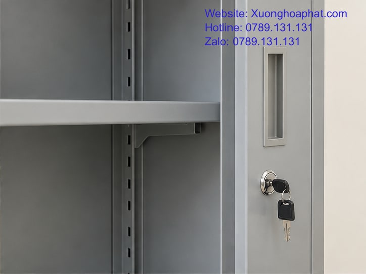 Tủ Sắt Văn Phòng Là Gì? Nhận Biết Cấu Tạo Và Công Dụng 3 Chi tiết cánh và đợt bên trong tủ hồ sơ thép sơn ghi.