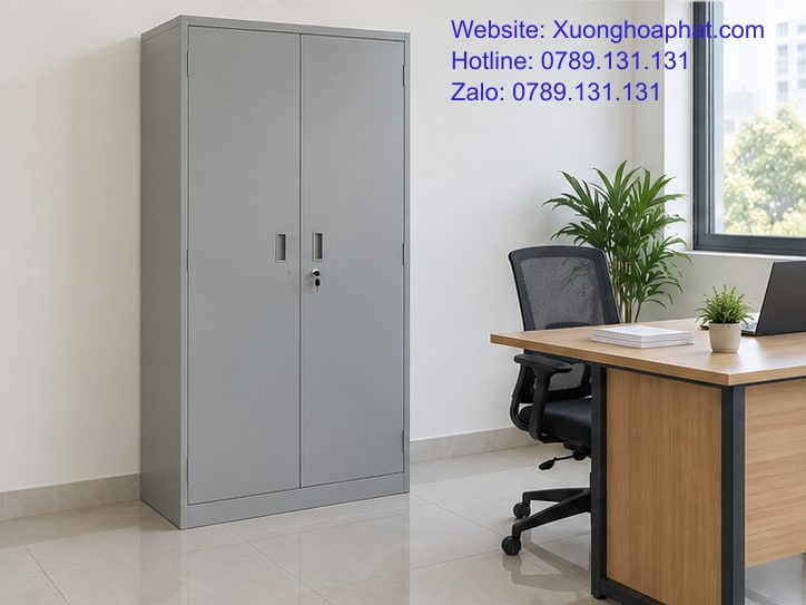 Tủ Sắt Văn Phòng Là Gì? Nhận Biết Cấu Tạo Và Công Dụng 5 Tủ sắt văn phòng đặt cạnh bàn với khoảng thao tác phía trước.
