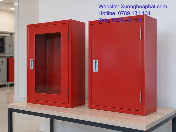 Tủ Sắt Vệ Sinh PCCC: Làm Rõ Công Dụng Trước Khi Đặt 3 Cánh quan sát và cánh kín trên vỏ tủ thép màu đỏ.