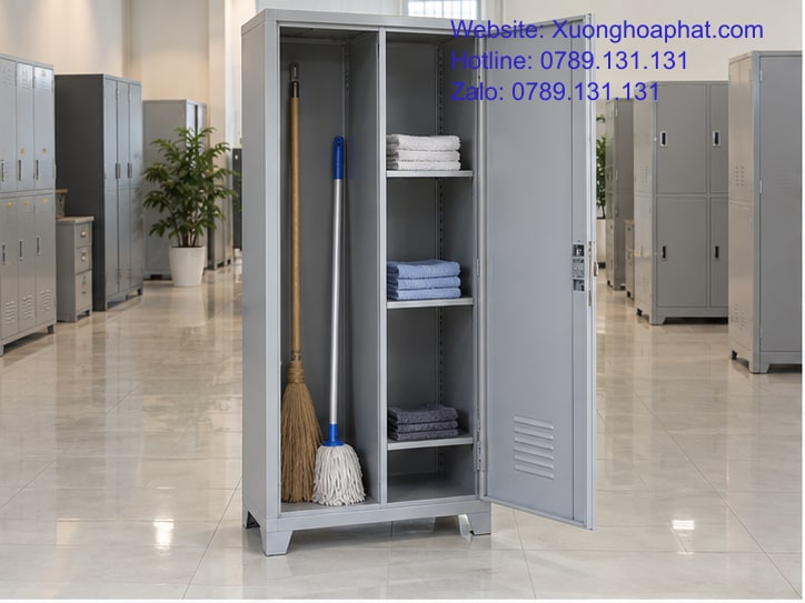 Tủ Sắt Vệ Sinh PCCC Là Gì? Đọc Đúng Tên Và Công Năng 2 Tủ sắt dụng cụ vệ sinh có khoang đứng và ngăn khăn.