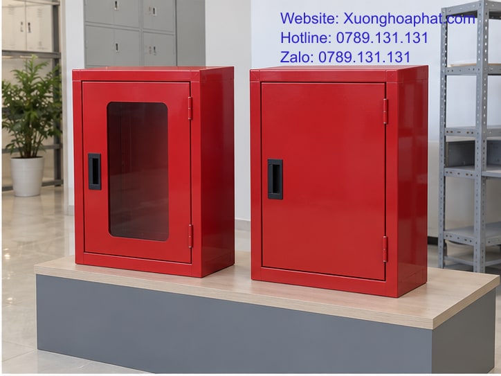Tủ Sắt Vệ Sinh PCCC Là Gì? Đọc Đúng Tên Và Công Năng 3 Hai vỏ tủ thép đỏ với cửa quan sát và cửa kín.