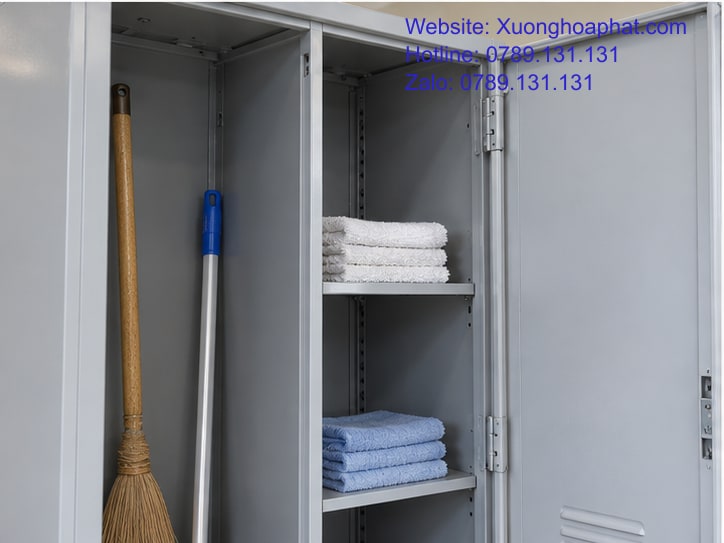 Tủ Sắt Vệ Sinh PCCC Là Gì? Đọc Đúng Tên Và Công Năng 4 Khoang đứng và vách ngăn của tủ dụng cụ vệ sinh bằng thép.