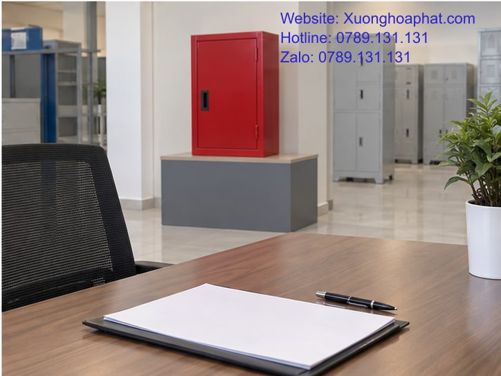 Tủ Sắt Vệ Sinh PCCC Là Gì? Đọc Đúng Tên Và Công Năng 5 Hồ sơ tiếp nhận đặt cạnh mẫu vỏ tủ thép trong showroom.