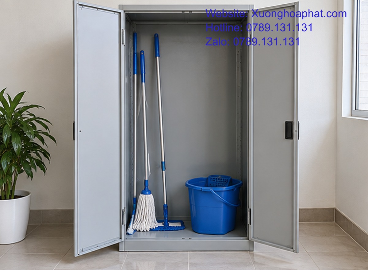 Tủ Vệ Sinh 2 Cánh Hay 1 Khoang: Hiểu Đúng Trước Khi Đặt 2 Tủ vệ sinh hai cánh mở lộ khoang chứa dụng cụ dài