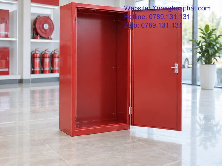Vỏ tủ PCCC bằng thép đỏ với cánh mở trong phòng trưng bày