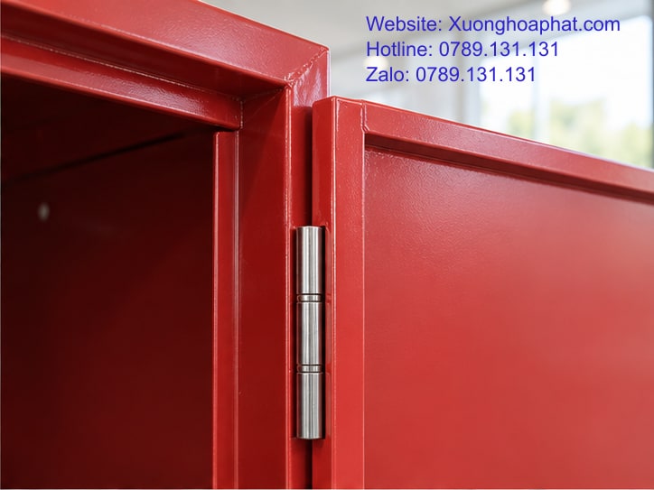 Chi tiết mép gấp và bản lề của cánh tủ thép sơn đỏ