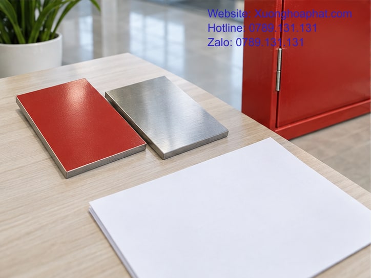 Mẫu kim loại và thép sơn đỏ cạnh vỏ tủ PCCC